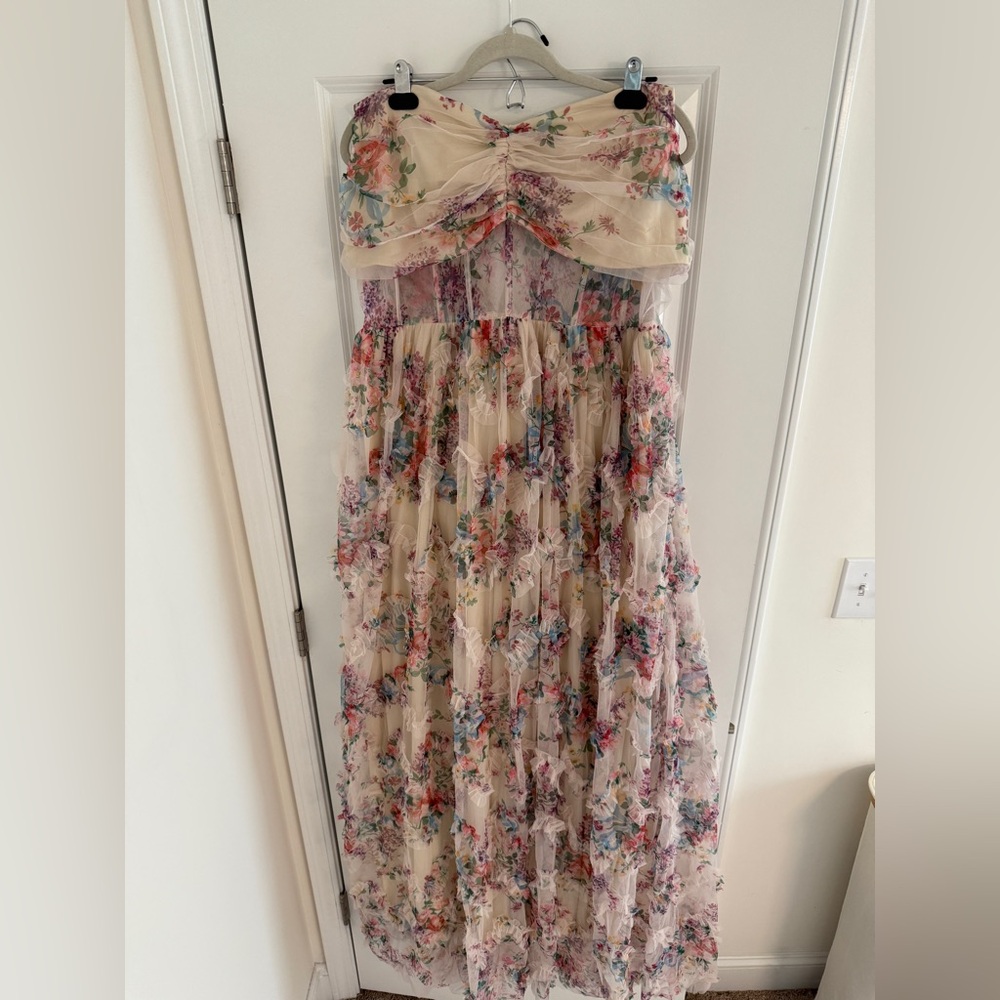 Ruched Bustier Floral Printed Ruffle Dress